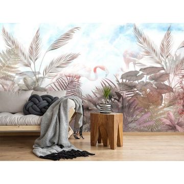 Обои виниловые на флизелине Design Studio 3D (Дизайн Студио 3Д) Саванна Фламинго в листве на голубом Бесшовная Фреска Classic (SVN-007)