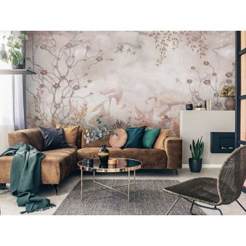 Обои виниловые на флизелине Design Studio 3D (Дизайн Студио 3Д) Саванна Фламинго между листьев Бесшовная Фреска Ultra (SVN-009)