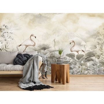 Обои виниловые на флизелине Design Studio 3D (Дизайн Студио 3Д) Саванна Фламинго в листве на желтом Канвас (SVN-010)