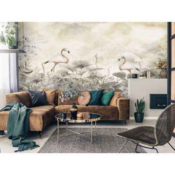 Обои виниловые на флизелине Design Studio 3D (Дизайн Студио 3Д) Саванна Фламинго в листве на желтом Акварель (SVN-010)