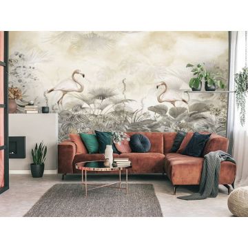Обои виниловые на флизелине Design Studio 3D (Дизайн Студио 3Д) Саванна Фламинго в листве на желтом Бесшовная Фреска Classic (SVN-010)