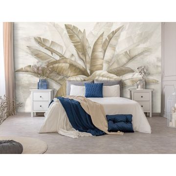 Обои виниловые на флизелине Design Studio 3D (Дизайн Студио 3Д) Leaves Букет тропических листьев на абстрактном фоне Песок (LVS-002)
