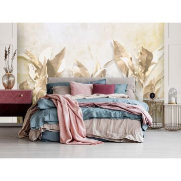 Обои виниловые на флизелине Design Studio 3D (Дизайн Студио 3Д) Leaves Листья на золотом фоне Бесшовная Фреска Ultra (LVS-003)