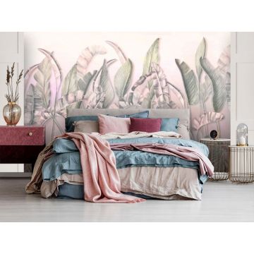 Обои виниловые на флизелине Design Studio 3D (Дизайн Студио 3Д) Leaves Тропические листья на нежно-розовом Бесшовная Фреска Classic (LVS-005)