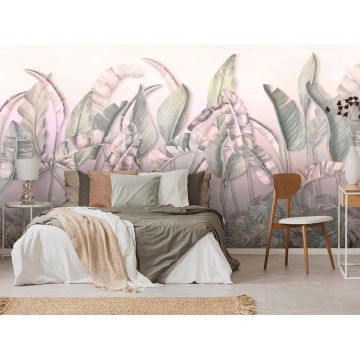 Обои виниловые на флизелине Design Studio 3D (Дизайн Студио 3Д) Leaves Тропические листья на нежно-розовом Бесшовная Фреска Ultra (LVS-005)