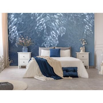 Обои виниловые на флизелине Design Studio 3D (Дизайн Студио 3Д) Leaves Ниспадающие бутоны на синем Песок (LVS-013)