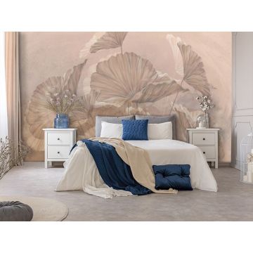 Обои виниловые на флизелине Design Studio 3D (Дизайн Студио 3Д) Leaves Крупные листья на бетоне в бежевых тонах Канвас (LVS-015)