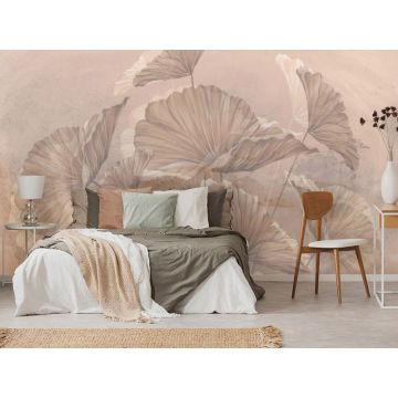 Обои виниловые на флизелине Design Studio 3D (Дизайн Студио 3Д) Leaves Крупные листья на бетоне в бежевых тонах Акварель (LVS-015)