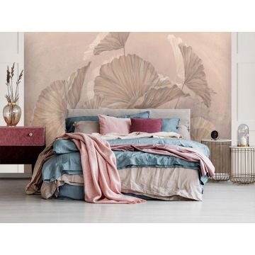 Обои виниловые на флизелине Design Studio 3D (Дизайн Студио 3Д) Leaves Крупные листья на бетоне в бежевых тонах Бесшовная Фреска Classic (LVS-015)