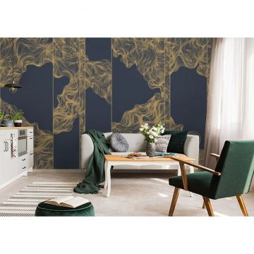 Обои виниловые на флизелине Design Studio 3D (Дизайн Студио 3Д) Line Style Линии золотой геометрии на синем Канвас (LST-012)