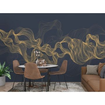 Обои виниловые на флизелине Design Studio 3D (Дизайн Студио 3Д) Line Style Золотые узорчатые линии на синем Бесшовная Фреска Classic (LST-017)