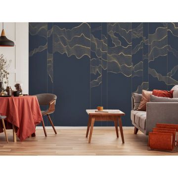 Обои виниловые на флизелине Design Studio 3D (Дизайн Студио 3Д) Line Style Золотая геометрия линий на синем Бесшовная Фреска Ultra (LST-022)