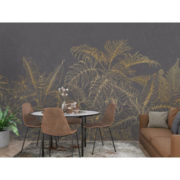 Обои виниловые на флизелине Design Studio 3D (Дизайн Студио 3Д) Line Style Золотистые тропики на графитовом фоне Бесшовная Фреска Ultra (LST-032)