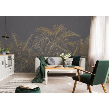 Обои виниловые на флизелине Design Studio 3D (Дизайн Студио 3Д) Line Style Золотистые тропики на графитовом фоне Бесшовная Фреска Ultra (LST-032)