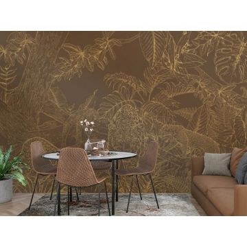 Обои виниловые на флизелине Design Studio 3D (Дизайн Студио 3Д) Line Style Золотые леопарды в листве на коричневом Песок (LST-039)