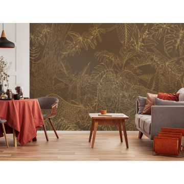 Обои виниловые на флизелине Design Studio 3D (Дизайн Студио 3Д) Line Style Золотые леопарды в листве на коричневом Бесшовная Фреска Classic (LST-039)