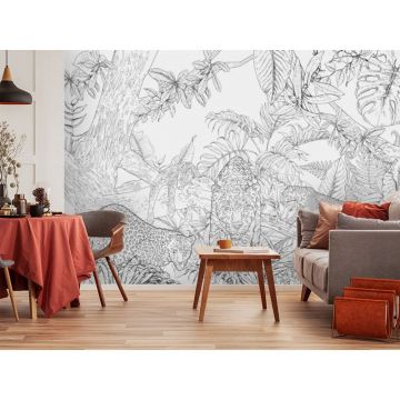 Обои виниловые на флизелине Design Studio 3D (Дизайн Студио 3Д) Line Style Черно-белые леопарды в листве Бесшовная Фреска Classic (LST-040)