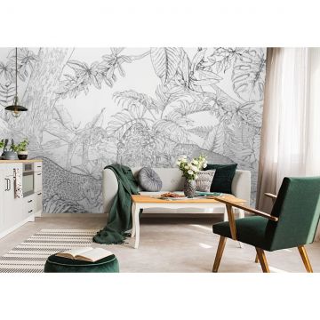 Обои виниловые на флизелине Design Studio 3D (Дизайн Студио 3Д) Line Style Черно-белые леопарды в листве Бесшовная Фреска Classic (LST-040)