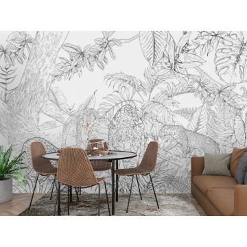 Обои виниловые на флизелине Design Studio 3D (Дизайн Студио 3Д) Line Style Черно-белые леопарды в листве Бесшовная Фреска Ultra (LST-040)