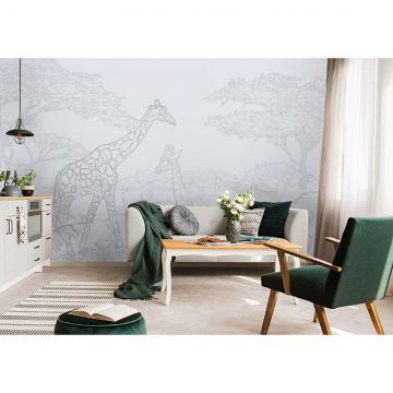 Обои виниловые на флизелине Design Studio 3D (Дизайн Студио 3Д) Line Style Серебряные жирафы в листве Бесшовная Фреска Classic (LST-042)