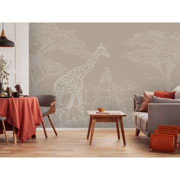Обои виниловые на флизелине Design Studio 3D (Дизайн Студио 3Д) Line Style Жирафы из белого золота в листве Песок (LST-044)