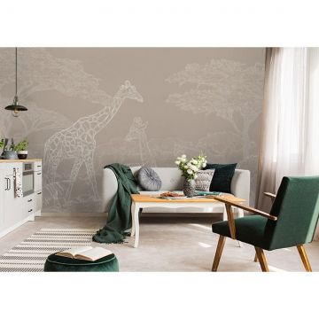 Обои виниловые на флизелине Design Studio 3D (Дизайн Студио 3Д) Line Style Жирафы из белого золота в листве Бесшовная Фреска Гранд (LST-044)