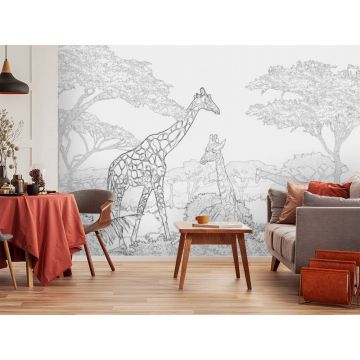 Обои виниловые на флизелине Design Studio 3D (Дизайн Студио 3Д) Line Style Черно-белые жирафы в листве Бесшовная Фреска Classic (LST-045)