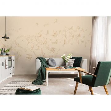Обои виниловые на флизелине Design Studio 3D (Дизайн Студио 3Д) Line Style Грациозные ласточки в золоте на бежевом Бесшовная Фреска Гранд (LST-047)