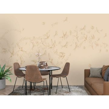 Обои виниловые на флизелине Design Studio 3D (Дизайн Студио 3Д) Line Style Грациозные ласточки в золоте на бежевом Бесшовная Фреска Classic (LST-047)
