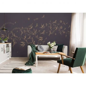 Обои виниловые на флизелине Design Studio 3D (Дизайн Студио 3Д) Line Style Грациозные золотые ласточки на сиреневом Песок (LST-049)