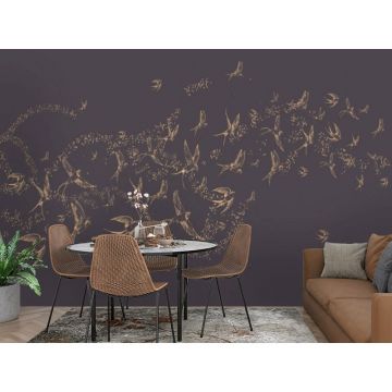 Обои виниловые на флизелине Design Studio 3D (Дизайн Студио 3Д) Line Style Грациозные золотые ласточки на сиреневом Канвас (LST-049)