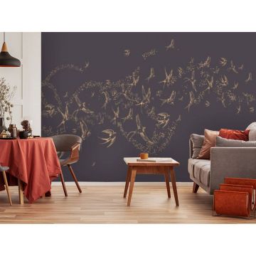 Обои виниловые на флизелине Design Studio 3D (Дизайн Студио 3Д) Line Style Грациозные золотые ласточки на сиреневом Бесшовная Фреска Classic (LST-049)