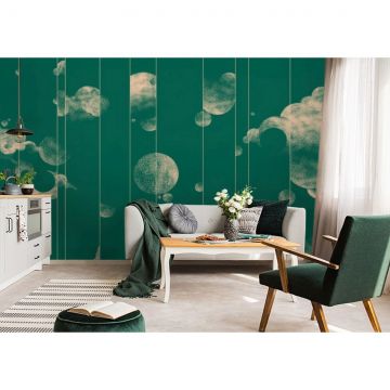 Обои виниловые на флизелине Design Studio 3D (Дизайн Студио 3Д) Line Style Абстрактные бежевые планеты с облаками на зеленом Песок (LST-057)