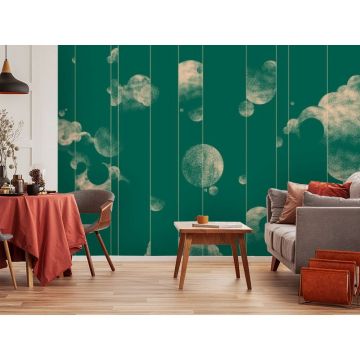 Обои виниловые на флизелине Design Studio 3D (Дизайн Студио 3Д) Line Style Абстрактные бежевые планеты с облаками на зеленом Канвас (LST-057)