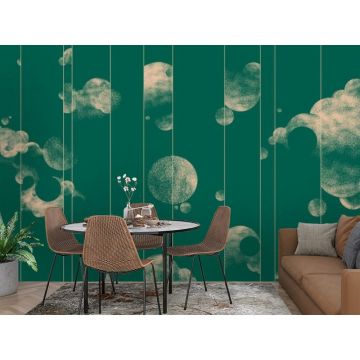 Обои виниловые на флизелине Design Studio 3D (Дизайн Студио 3Д) Line Style Абстрактные бежевые планеты с облаками на зеленом Бесшовная Фреска Ultra (LST-057)