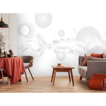 Обои виниловые на флизелине Design Studio 3D (Дизайн Студио 3Д) Line Style Серые абстрактные горы с планетами Акварель (LST-059)