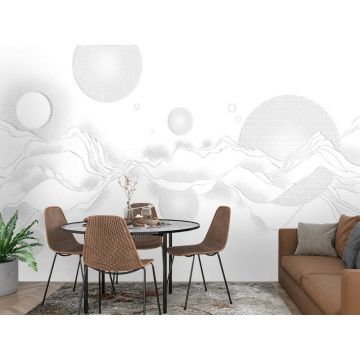 Обои виниловые на флизелине Design Studio 3D (Дизайн Студио 3Д) Line Style Серые абстрактные горы с планетами Бесшовная Фреска Ultra (LST-059)