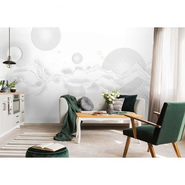 Обои виниловые на флизелине Design Studio 3D (Дизайн Студио 3Д) Line Style Серые абстрактные горы с планетами Бесшовная Фреска Ultra (LST-059)