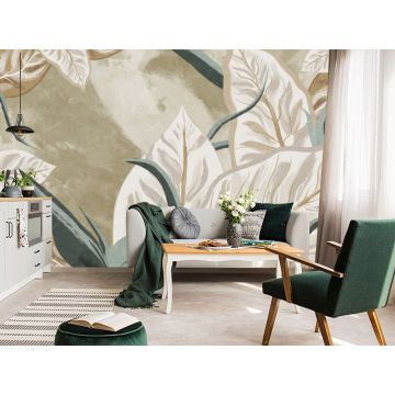 Обои виниловые на флизелине Design Studio 3D (Дизайн Студио 3Д) Avangard Крупные листья с бежевым оттенком Бесшовная Фреска Гранд (AVG-011)