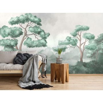 Обои виниловые на флизелине Design Studio 3D (Дизайн Студио 3Д) Picturesque Художественные деревья в нежно зеленых тонах Песок (PRS-001)