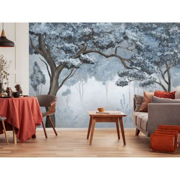 Обои виниловые на флизелине Design Studio 3D (Дизайн Студио 3Д) Picturesque Молодые деревья в голубых тонах Бесшовная Фреска Ultra (PRS-006)