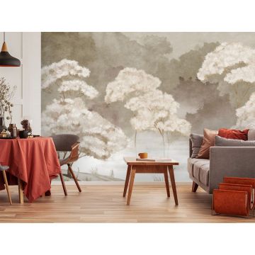 Обои виниловые на флизелине Design Studio 3D (Дизайн Студио 3Д) Picturesque Деревья в утреннем тумане в бежевых тонах Песок (PRS-008)