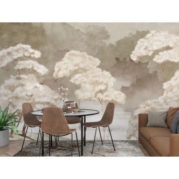 Обои виниловые на флизелине Design Studio 3D (Дизайн Студио 3Д) Picturesque Деревья в утреннем тумане в бежевых тонах Бесшовная Фреска Гранд (PRS-008)