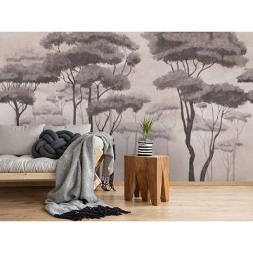 Обои виниловые на флизелине Design Studio 3D (Дизайн Студио 3Д) Picturesque Высокие деревья в бежевых тонах Бесшовная Фреска Гранд (PRS-015)