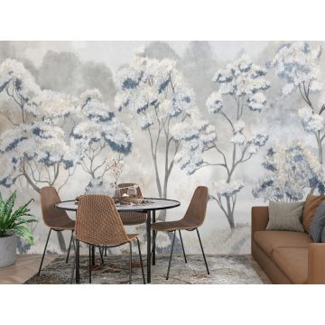 Обои виниловые на флизелине Design Studio 3D (Дизайн Студио 3Д) Picturesque Небольшие деревья в голубых тонах Бесшовная Фреска Classic (PRS-018)