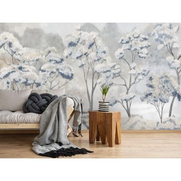 Обои виниловые на флизелине Design Studio 3D (Дизайн Студио 3Д) Picturesque Небольшие деревья в голубых тонах Бесшовная Фреска Classic (PRS-018)
