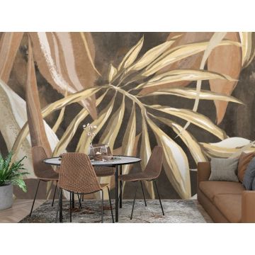 Обои виниловые на флизелине Design Studio 3D (Дизайн Студио 3Д) Avangard Композиция из тропических листьев в бежевых тонах Канвас (AVG-014)