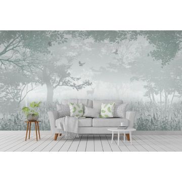 Обои виниловые на флизелине Design Studio 3D (Дизайн Студио 3Д) Vintage Лиственый лес с оленем в зеленом Бесшовная Фреска Classic (VG-012)