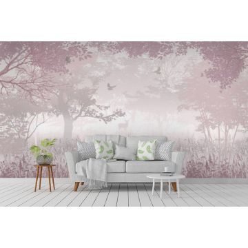 Обои виниловые на флизелине Design Studio 3D (Дизайн Студио 3Д) Vintage Лиственый лес с оленем в розовом Акварель (VG-014)