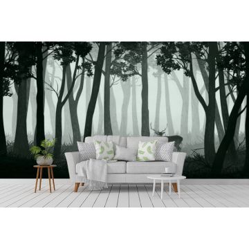 Обои виниловые на флизелине Design Studio 3D (Дизайн Студио 3Д) Vintage Олени в темном лесу на зеленом Бесшовная Фреска Classic (VG-016)